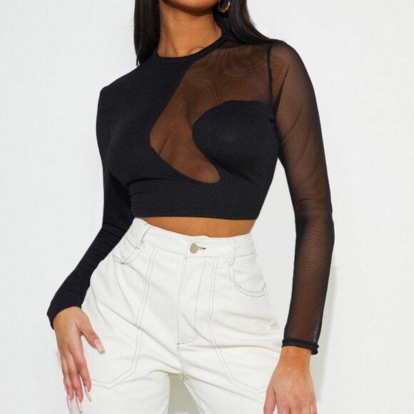 PrettyLittleThing Black Mesh Contrast Detail Long Sleeve Top - Picture 1 of 6